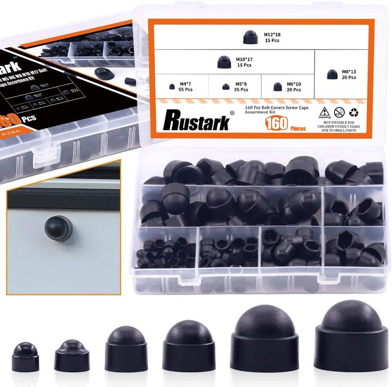 Rustark 160 Pcs Bolt Covers Screw Caps Assortment Kit M4 M5 M6 M8 M10 M12 Plastic Black Fitting Caps Nylon Insert Locknut for Matching Screws or Bolts with Storage Box - Image 1